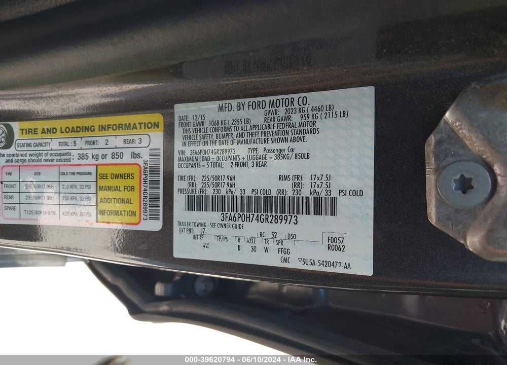 2016 FORD FUSION SE VIN: 3FA6P0H74GR289973