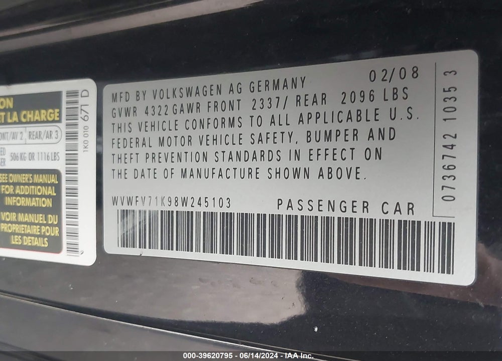 2008 VOLKSWAGEN GTI 2-DOOR VIN: WVWFV71K98W245103