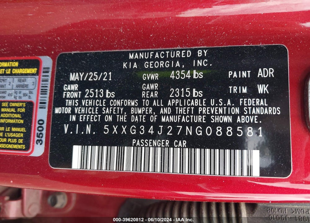 2022 KIA K5 EX VIN: 5XXG34J27NG088581