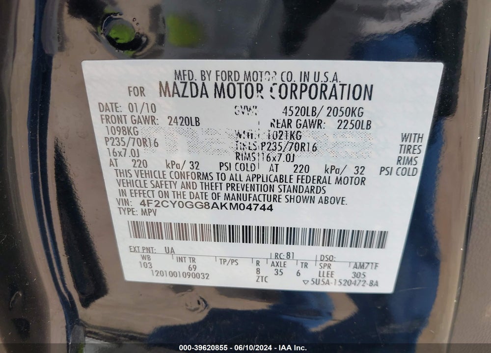 2010 MAZDA TRIBUTE S GRAND TOURING VIN: 4F2CY0GG8AKM04744