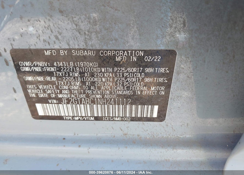 2022 SUBARU CROSSTREK VIN: JF2GTABC1NH241112