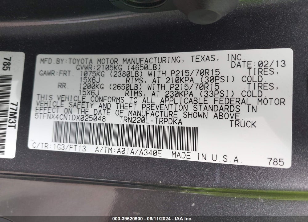 2013 TOYOTA TACOMA VIN: 5TFNX4CN1DX025048