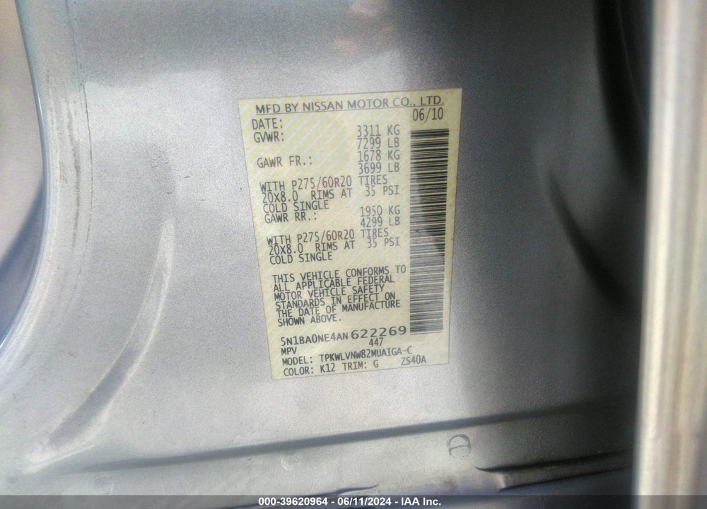 2010 NISSAN ARMADA PLATINUM VIN: 5N1BA0NE4AN622269