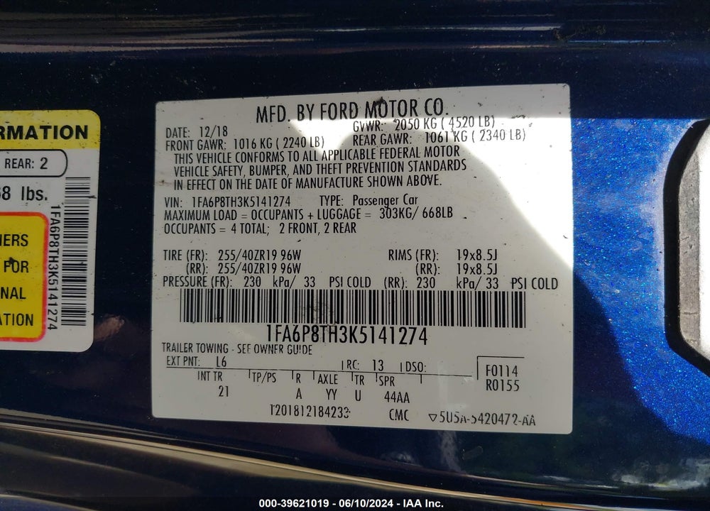 2019 FORD MUSTANG ECOBOOST VIN: 1FA6P8TH3K5141274
