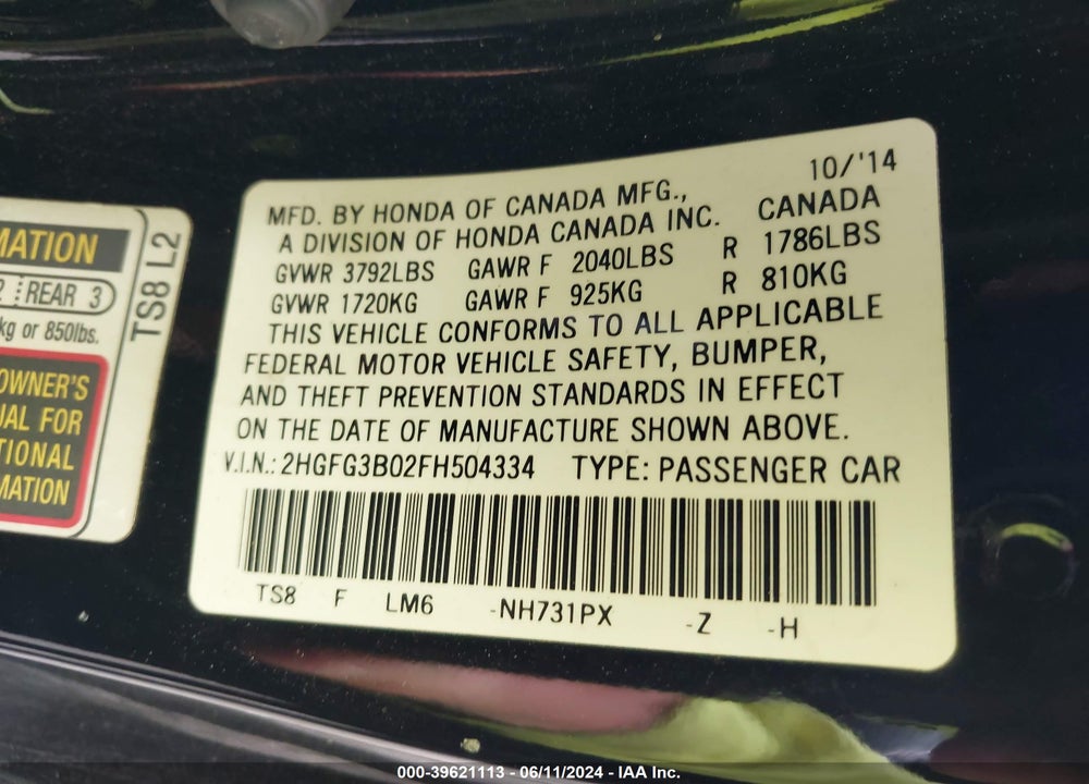 2015 HONDA CIVIC EX-L VIN: 2HGFG3B02FH504334