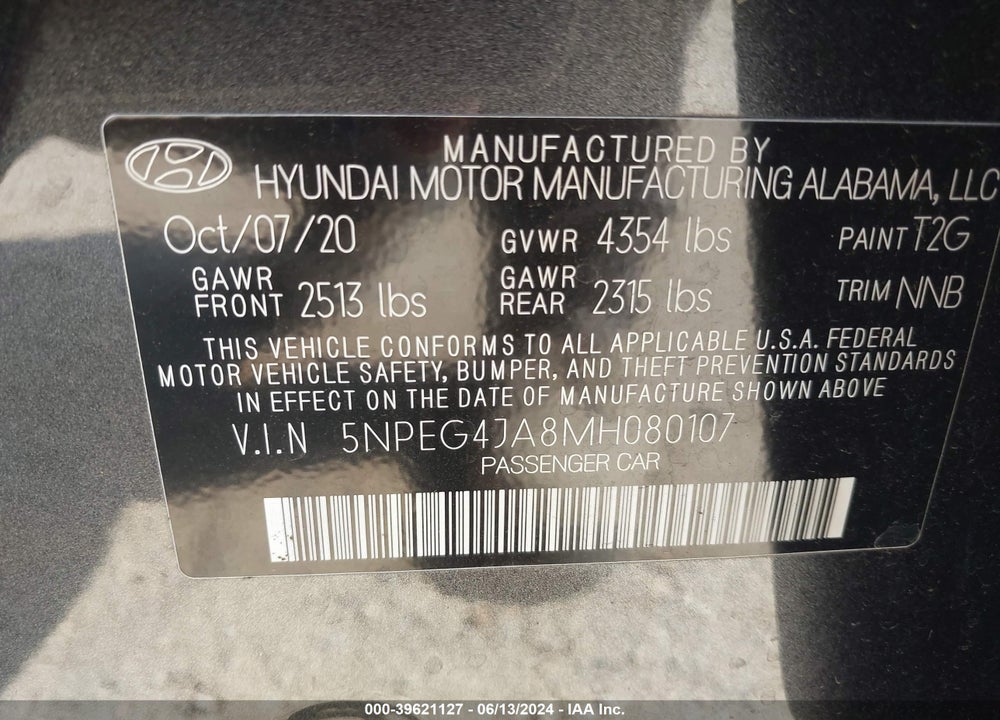 2021 HYUNDAI SONATA SE VIN: 5NPEG4JA8MH080107