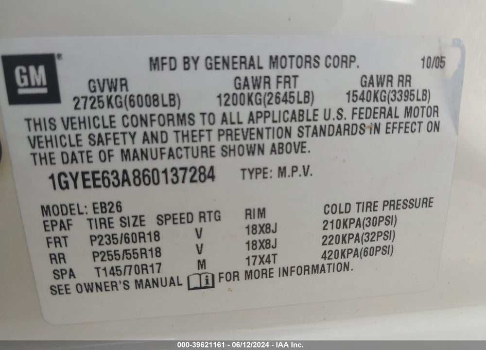 2006 CADILLAC SRX V8 VIN: 1GYEE63A860137284