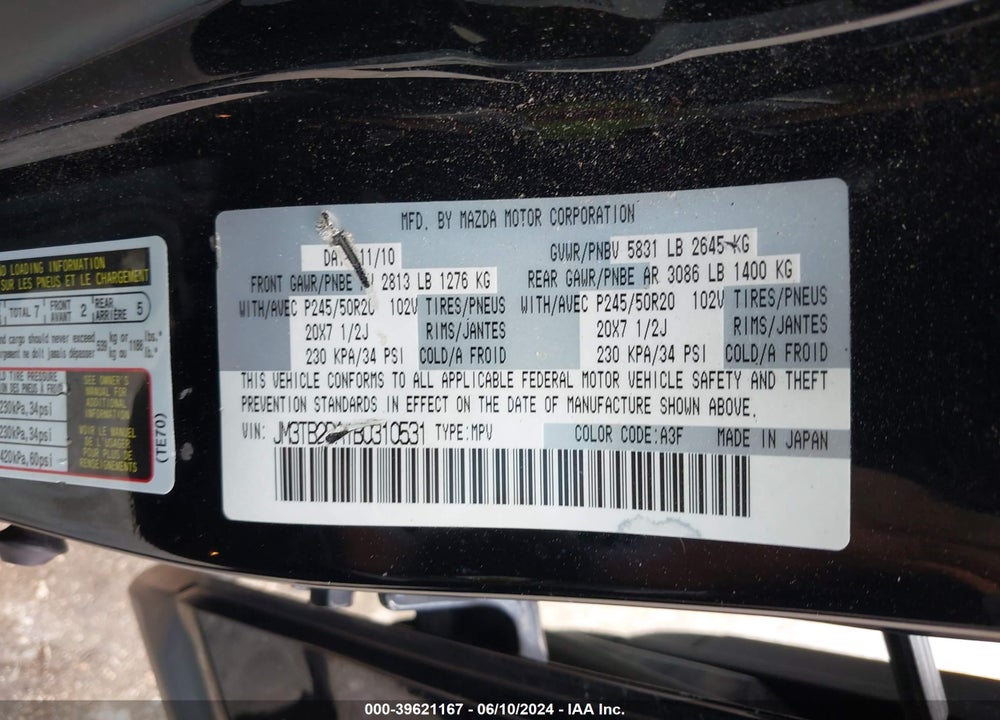 2011 MAZDA CX-9 GRAND TOURING VIN: JM3TB2DA1B0310531