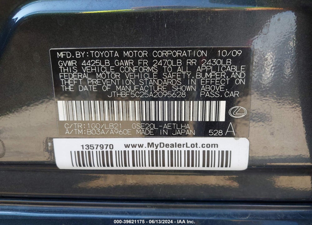 2010 LEXUS IS 250 VIN: JTHBF5C25A2095628