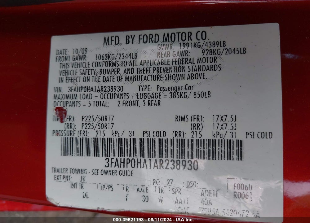 2010 FORD FUSION SE VIN: 3FAHP0HA1AR238930