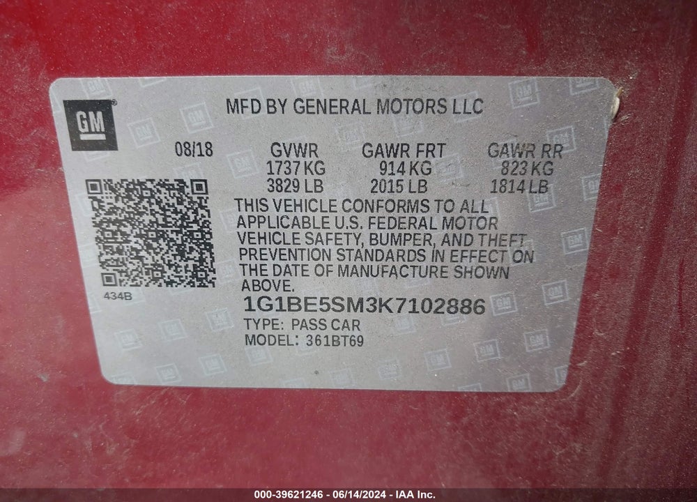 2019 CHEVROLET CRUZE VIN: 1G1BE5SM3K7102886