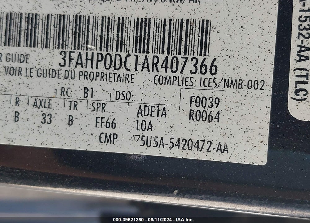 2010 FORD FUSION SPORT VIN: 3FAHP0DC1AR407366