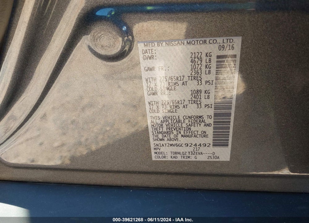 2016 NISSAN ROGUE SV VIN: 5N1AT2MV6GC924492