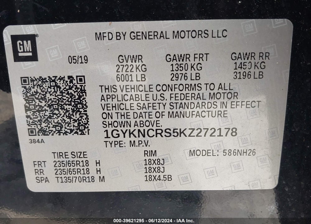 2019 CADILLAC XT5 LUXURY VIN: 1GYKNCRS5KZ272178