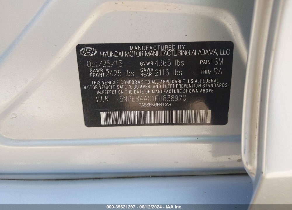 2014 HYUNDAI SONATA GLS VIN: 5NPEB4AC1EH838970