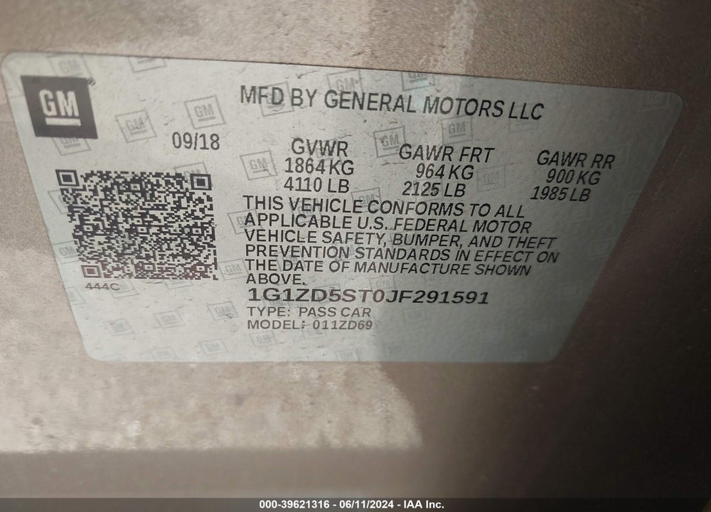 2018 CHEVROLET MALIBU LT VIN: 1G1ZD5ST0JF291591