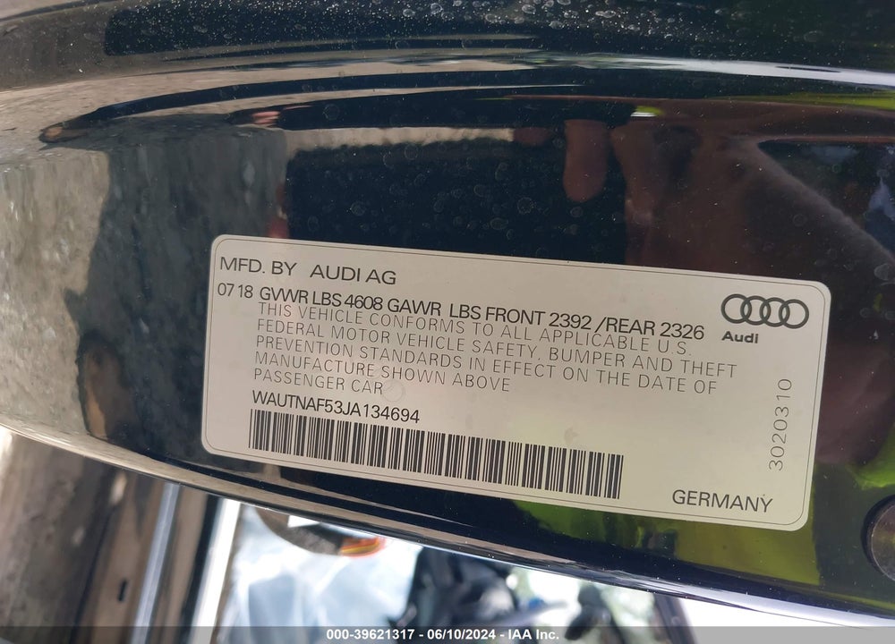 2018 AUDI A5 2.0T PREMIUM VIN: WAUTNAF53JA134694