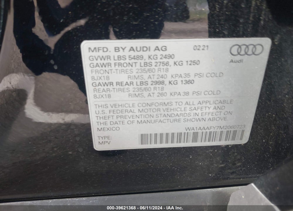 2021 AUDI Q5 PREMIUM 45 TFSI QUATTRO S TRONIC VIN: WA1AAAFY7M2060723