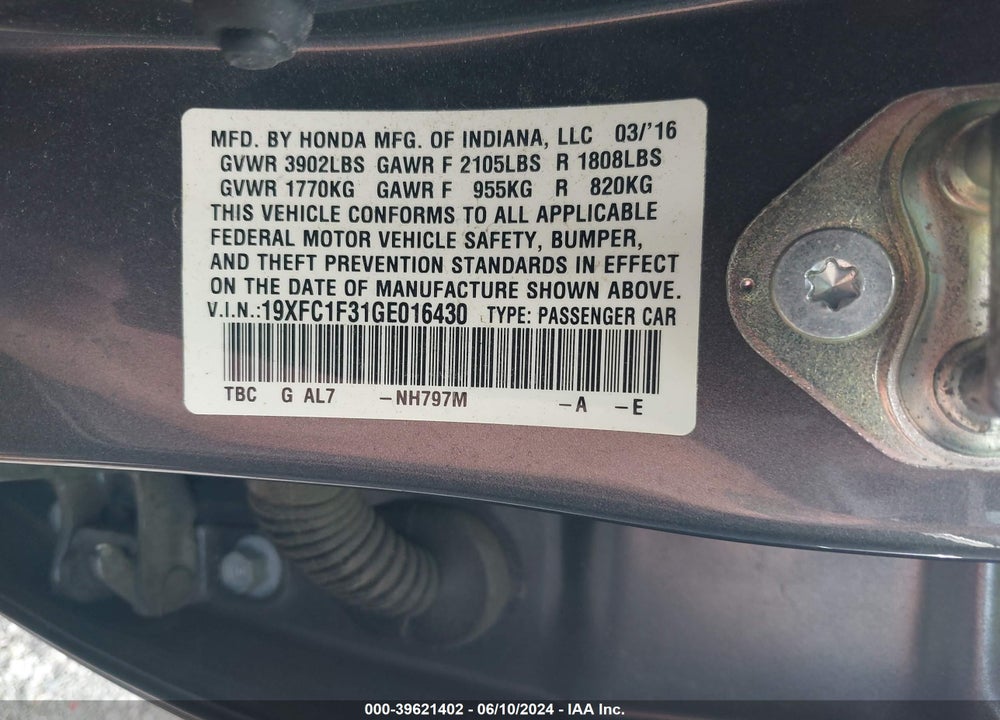2016 HONDA CIVIC EX-T VIN: 19XFC1F31GE016430