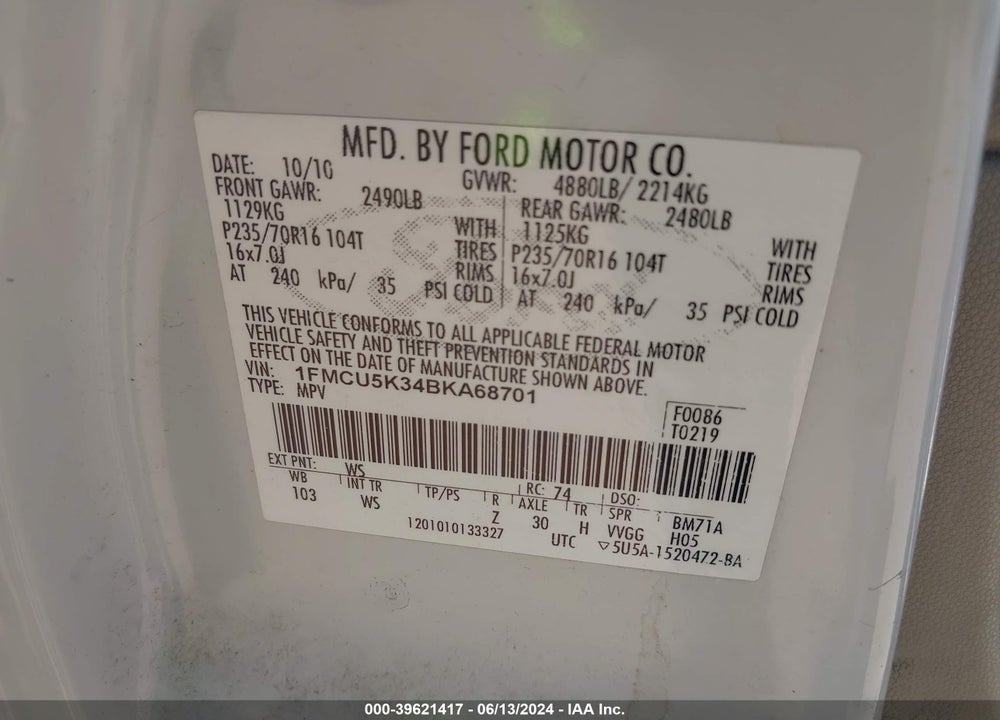 2011 FORD ESCAPE HYBRID VIN: 1FMCU5K34BKA68701