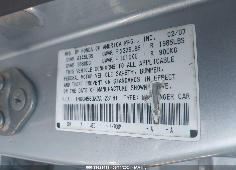 2007 HONDA ACCORD 2.4 SE VIN: 1HGCM563X7A123181
