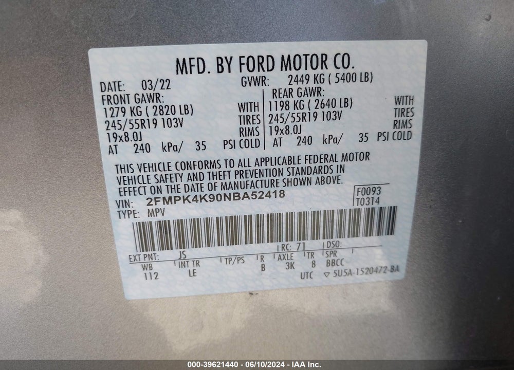 2022 FORD EDGE TITANIUM VIN: 2FMPK4K90NBA52418