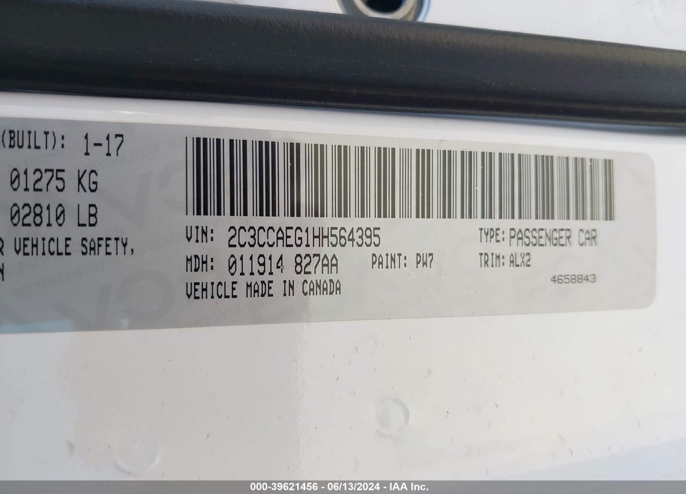 2017 CHRYSLER 300C VIN: 2C3CCAEG1HH564395