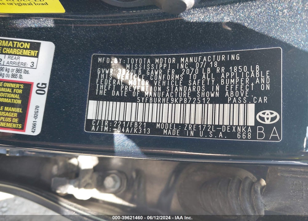 2019 TOYOTA COROLLA LE VIN: 5YFBURHE9KP872512