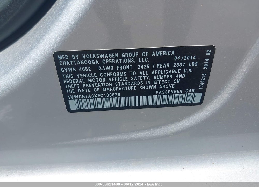 2014 VOLKSWAGEN PASSAT 2.0L TDI SEL PREMIUM VIN: 1VWCN7A3XEC100626