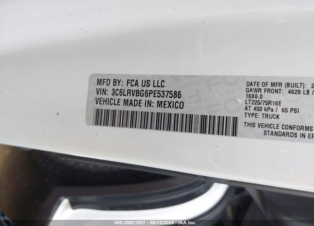 2023 RAM PROMASTER 1500 HIGH ROOF 136 WB VIN: 3C6LRVBG6PE537586