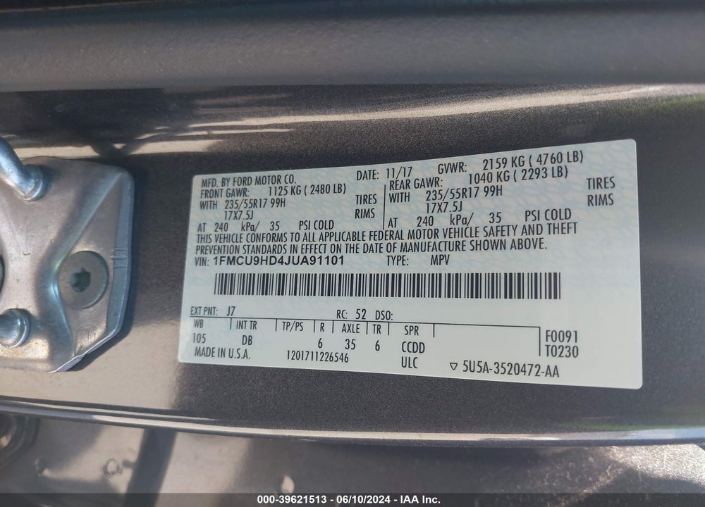 2018 FORD ESCAPE SEL VIN: 1FMCU9HD4JUA91101