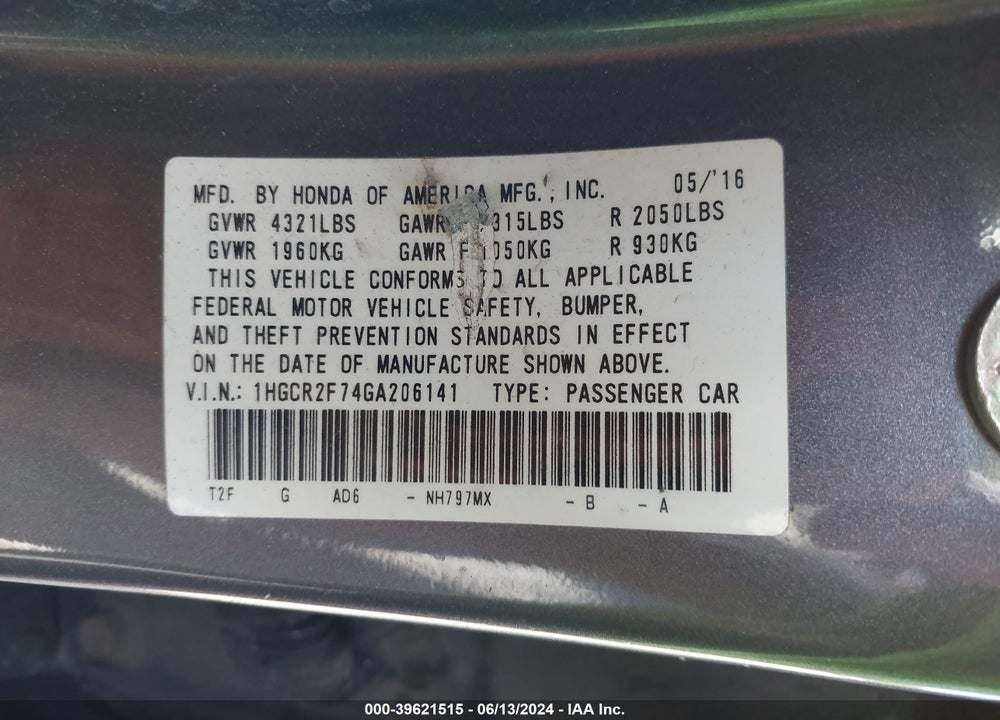 2016 HONDA ACCORD EX VIN: 1HGCR2F74GA206141