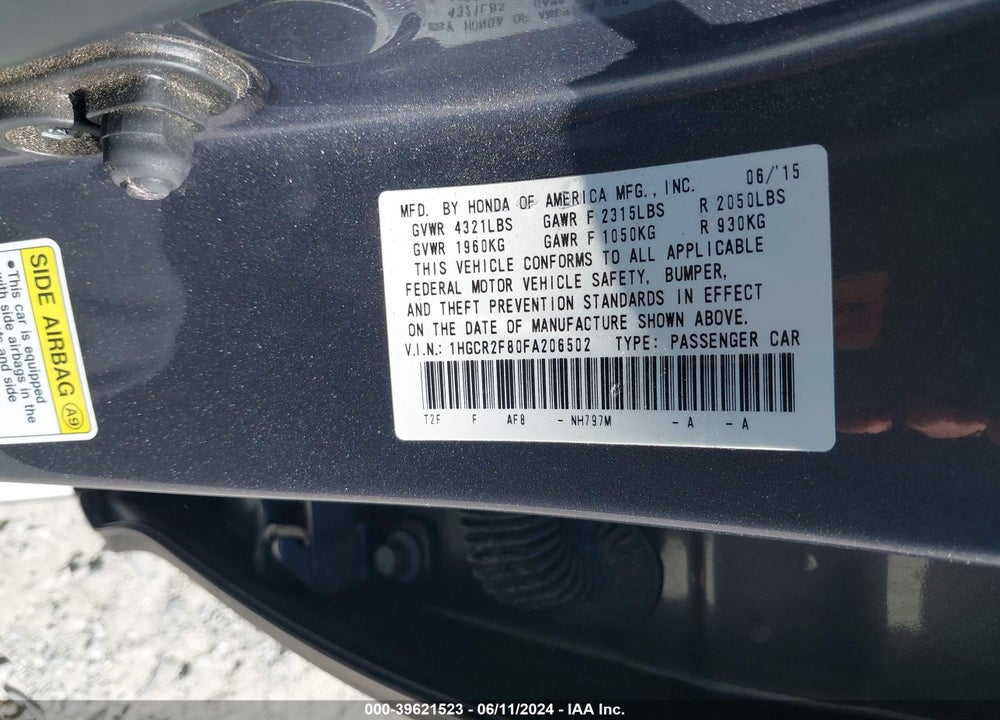 2015 HONDA ACCORD EX-L VIN: 1HGCR2F80FA206502
