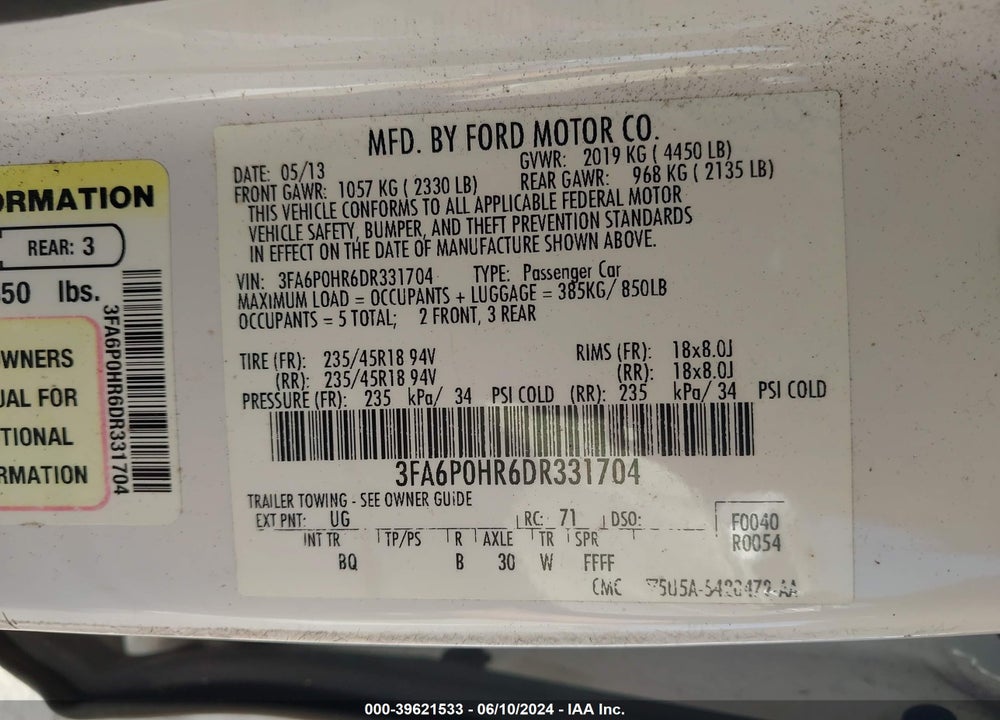 2013 FORD FUSION SE VIN: 3FA6P0HR6DR331704