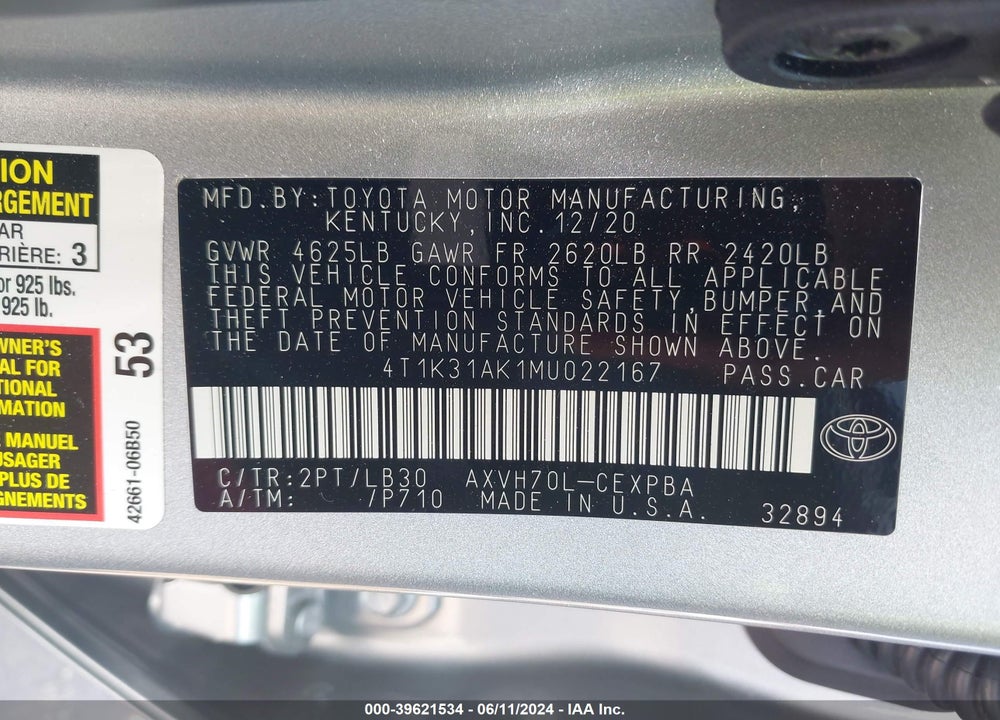 2021 TOYOTA CAMRY XSE HYBRID VIN: 4T1K31AK1MU022167