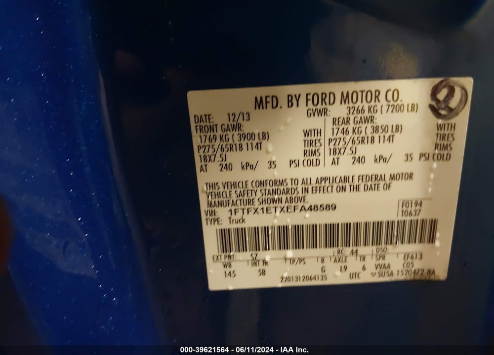 2014 FORD F-150 FX4 VIN: 1FTFX1ETXEFA48589