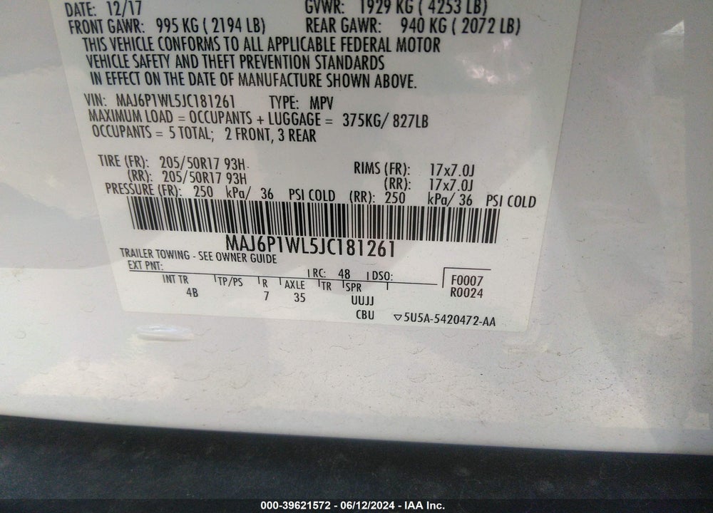 2018 FORD ECOSPORT TITANIUM VIN: MAJ6P1WL5JC181261