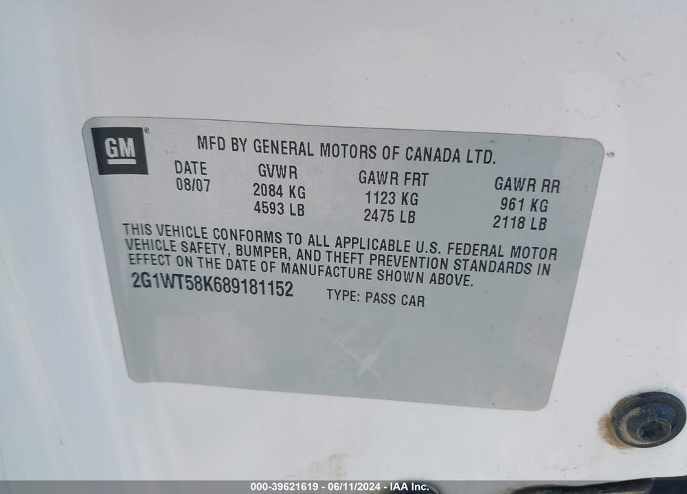 2008 CHEVROLET IMPALA LT VIN: 2G1WT58K689181152