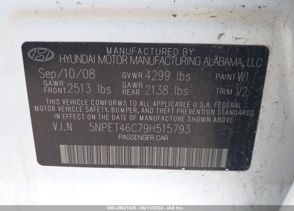 2009 HYUNDAI SONATA GLS VIN: 5NPET46C79H515793