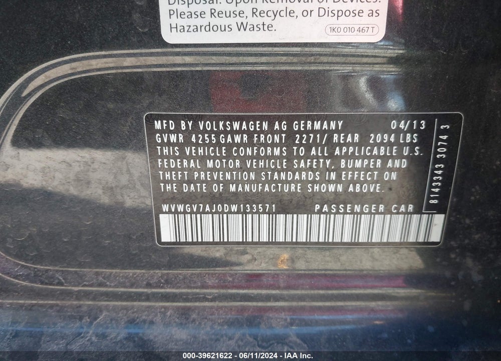 2013 VOLKSWAGEN GTI DRIVERS EDITION VIN: WVWGV7AJ0DW133571