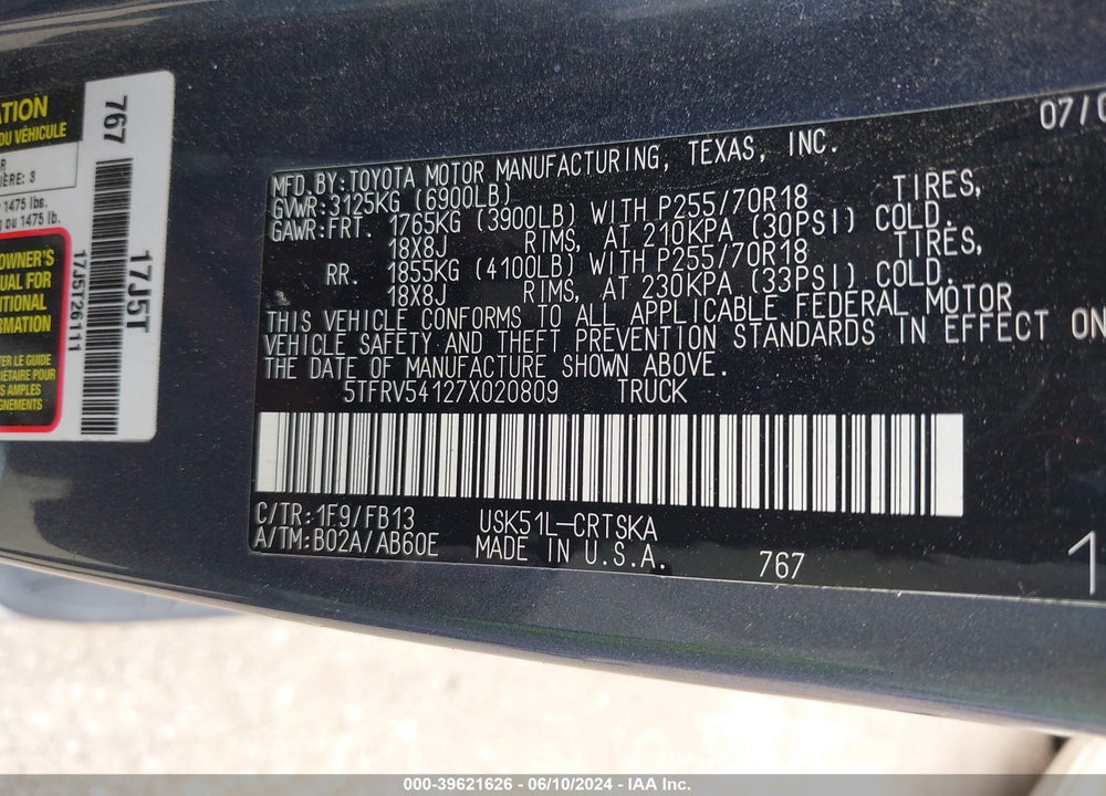 2007 TOYOTA TUNDRA SR5 V8 VIN: 5TFRV54127X020809
