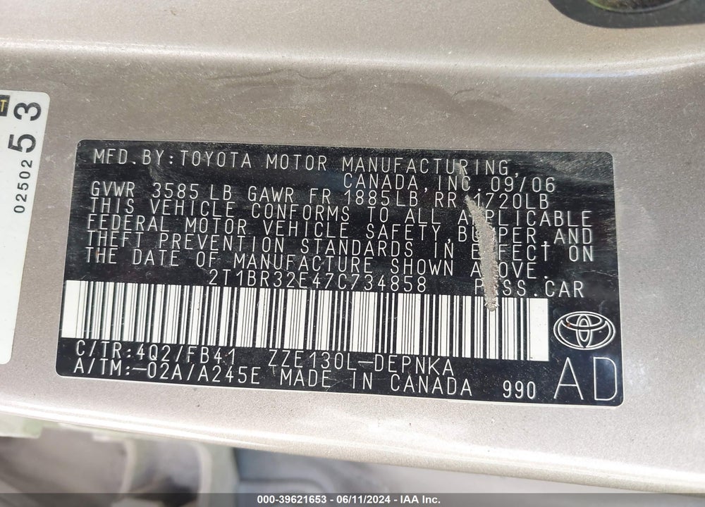 2007 TOYOTA COROLLA LE VIN: 2T1BR32E47C734858