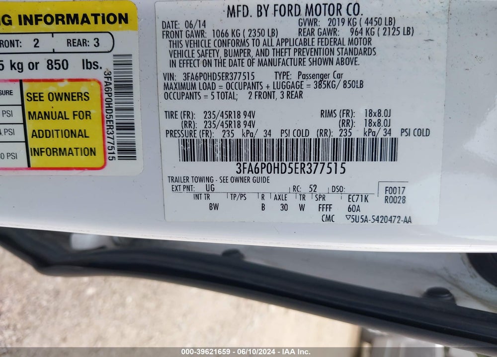 2014 FORD FUSION VIN: 3FA6P0HD5ER377515