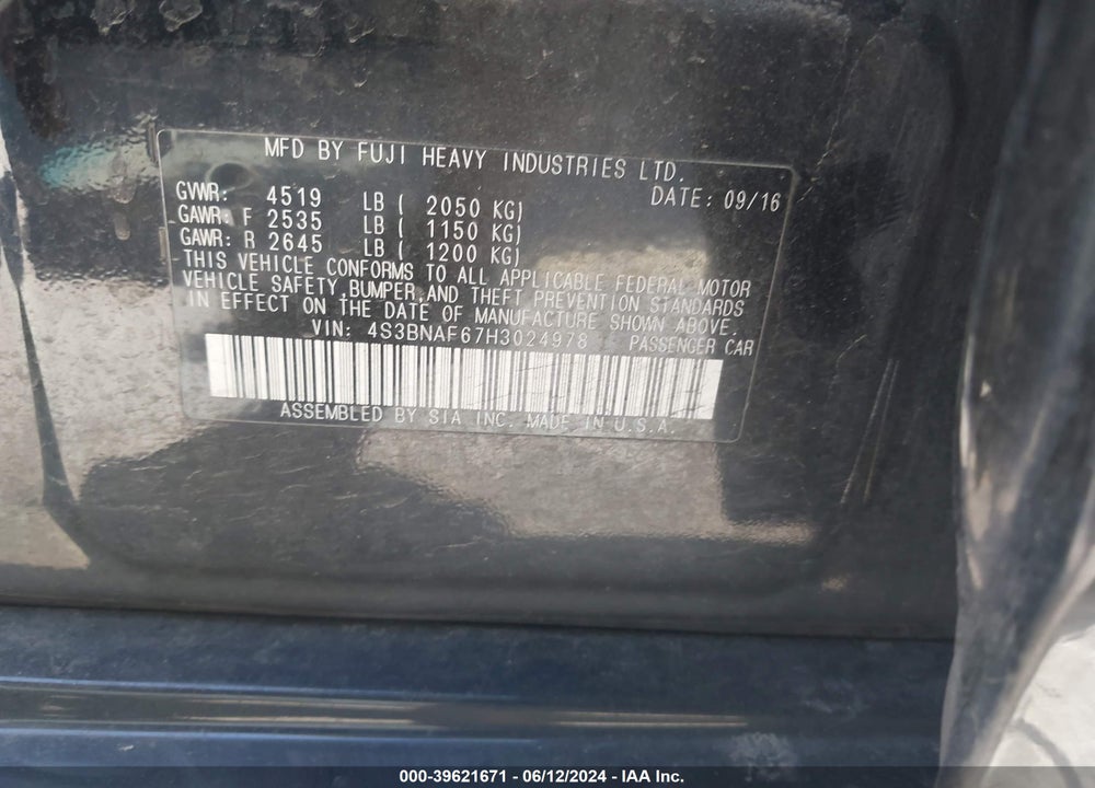 2017 SUBARU LEGACY VIN: 4S3BNAF67H3024978
