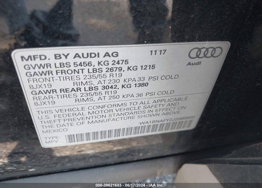 2018 AUDI Q5 2.0T PREMIUM/2.0T TECH PREMIUM VIN: WA1BNAFY2J2088899