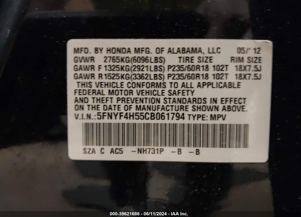 2012 HONDA PILOT EX-L VIN: 5FNYF4H55CB061794