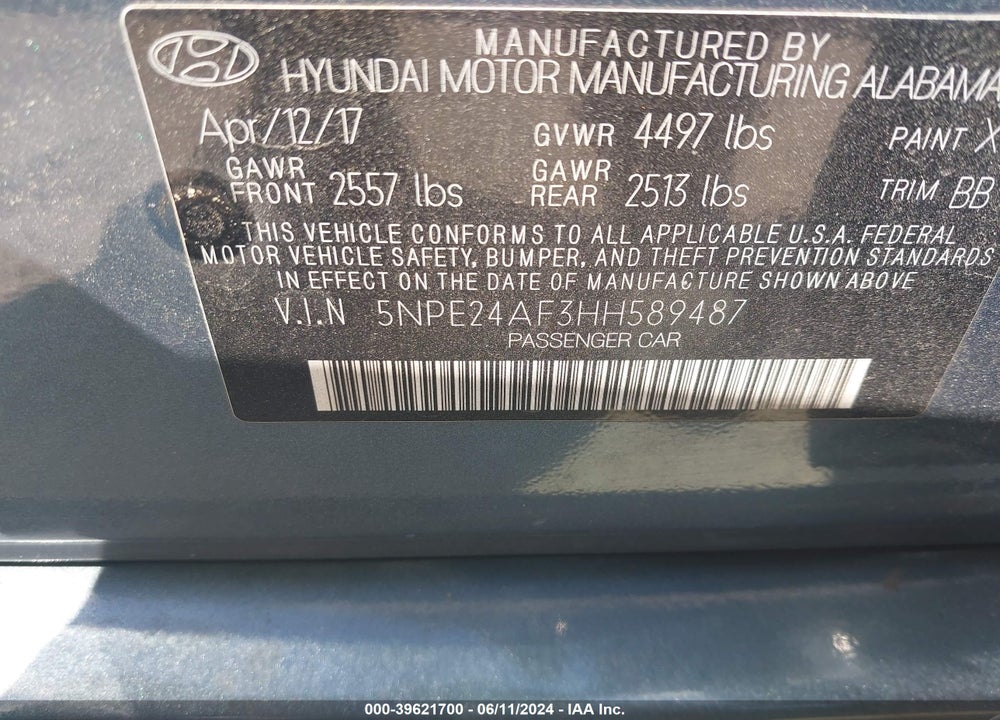 2017 HYUNDAI SONATA SE VIN: 5NPE24AF3HH589487