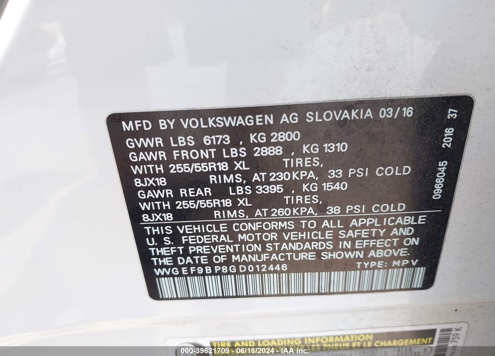 2016 VOLKSWAGEN TOUAREG VR6 SPORT VIN: WVGEF9BP8GD012446