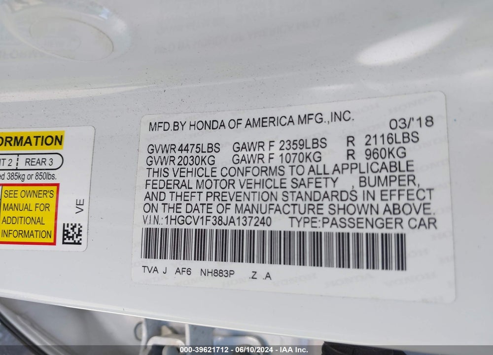 2018 HONDA ACCORD SPORT VIN: 1HGCV1F38JA137240