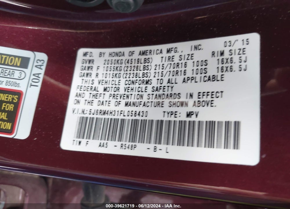 2015 HONDA CR-V LX VIN: 5J6RM4H31FL058430